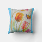 ピンクチューリップチューリップフローラ水彩ブルークッション クッション (裏面)