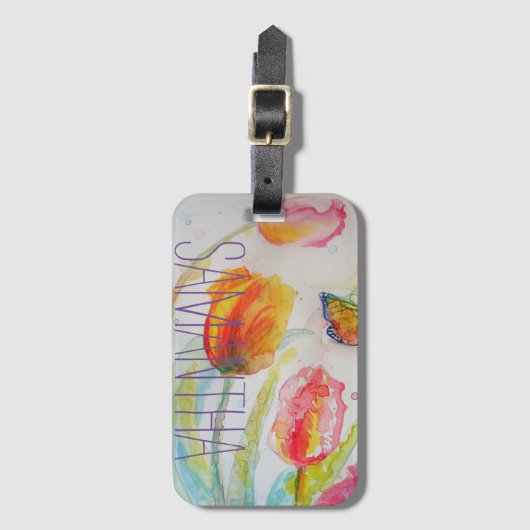 ピンクチューリップチューリップフローラ水彩女性名 ラゲッジタグ (正面縦)