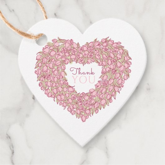 ピンクチューリップハート感謝していアートユー結婚式の引き出物ラベル フェイバータグ (正面)