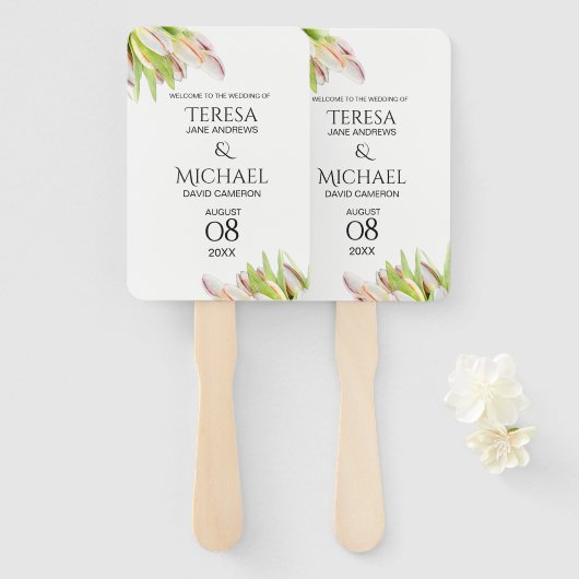 ピンクチューリップパーソナライズされた庭園の結婚式 ハンドファン (正面&裏面)