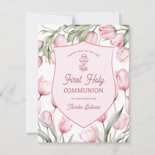 ピンクチューリップファーストホーリーコミュニオン招待状 招待状 (正面)