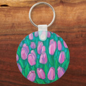 ピンクチューリップフィールド、春の花絵画フローラ キーホルダー (正面)