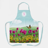 ピンクチューリップフラワーガーデンモノグラム エプロン (正面)