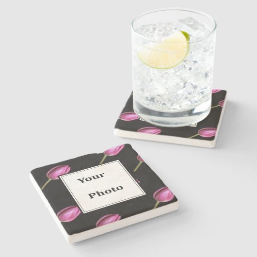 ピンクチューリップフラワーフォトカスタムフローラお気に入りギフト ストーンコースター (横)