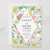 ピンクチューリップフローラ幾何学的フレームウェディング招待 招待状 (正面)