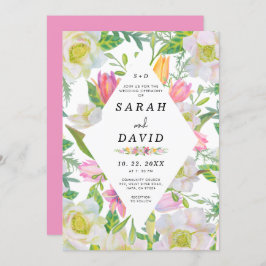 ピンクチューリップフローラ幾何学的フレームウェディング招待 招待状