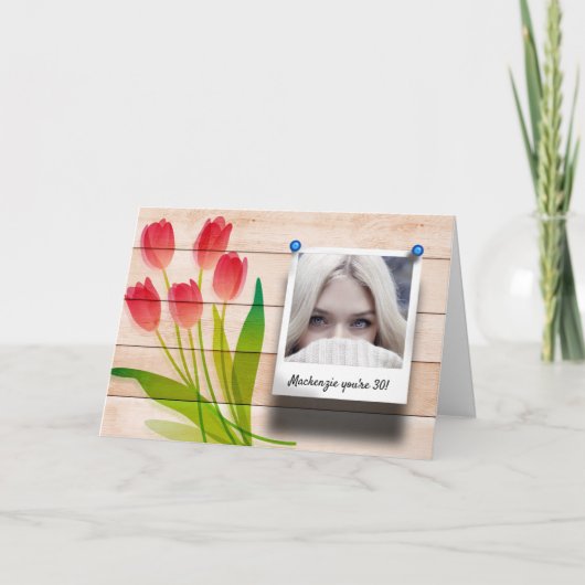 ピンクチューリップフローラ誕生日かわいらし写真テンプレート カード (正面)