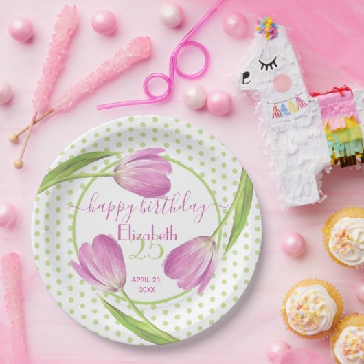ピンクチューリップ春エレガントフローライースター誕生日 ペーパープレート (パーティー)