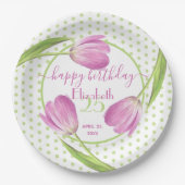ピンクチューリップ春エレガントフローライースター誕生日 ペーパープレート (正面)