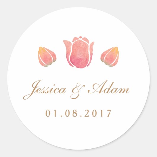 ピンクチューリップ結婚のステッカー ラウンドシール (正面)