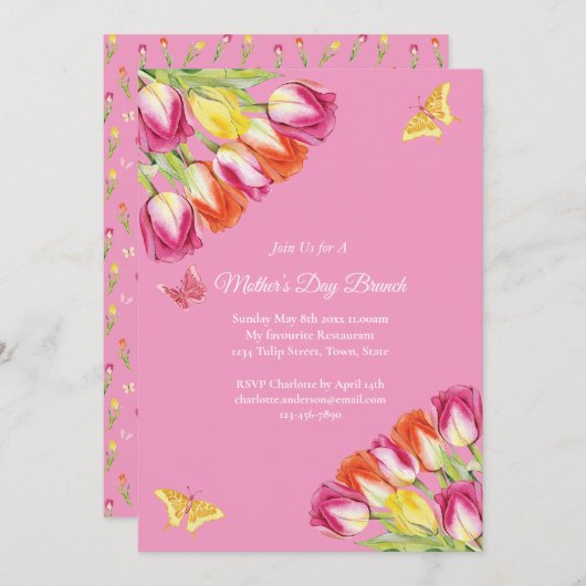 ピンクチューリップ&バタフライマザーズデイブランチピンク 招待状 (正面/裏面)