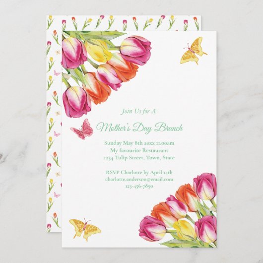ピンクチューリップ&バタフライマザーズデイブランチ白 招待状 (正面/裏面)