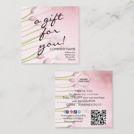 ピンクチューリップQRコードありがとうロイヤリティ割引カード 割引カード (正面/裏面)