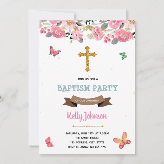 ピンクチョウバプテスマパーティの招待状 招待状 (正面)