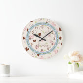 ピンクチョコレートとライムハートプリント時計 ラージ壁時計 (ホーム)