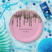 ピンクチョコレートアイスクリームグリッタードリップ誕生日 ペーパープレート (パーティー)