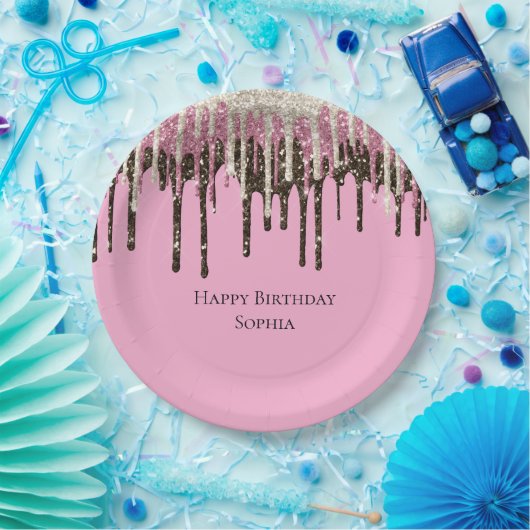 ピンクチョコレートアイスクリームグリッタードリップ誕生日 ペーパープレート (パーティー)