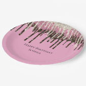 ピンクチョコレートアイスクリームグリッタードリップ誕生日 ペーパープレート (アングル)