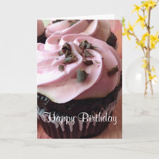ピンクチョコレートカップケーキグリーティングカード カード (黄色い花)