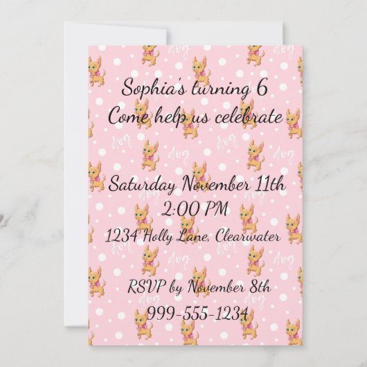 ピンクチワワプリンセスバースデーパーティ招待状 招待状 (裏面)