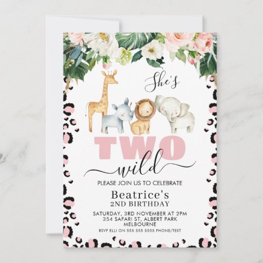 ピンクチータプリント彼女は2つの野生の2番目の誕生日 招待状 (正面)