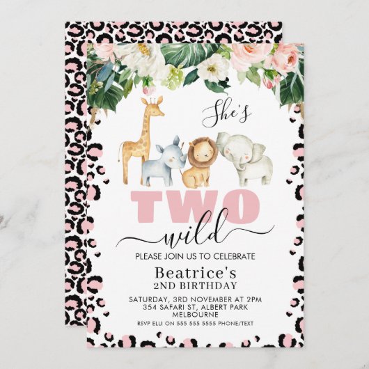 ピンクチータプリント彼女は2つの野生の2番目の誕生日 招待状 (正面/裏面)