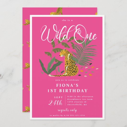 ピンクチータワイルドワン誕生日 招待状 (正面/裏面)