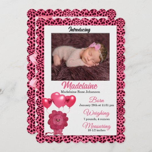 ピンクチーター誕生発表ベビーの写真 案内状 (正面/裏面)