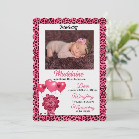 ピンクチーター誕生発表ベビーの写真 案内状 (スタンド正面)