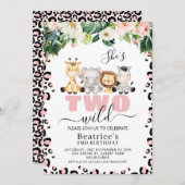 ピンクチーテプリントかわいい2ワイルド2歳の誕生日 招待状 (正面/裏面)