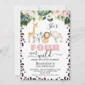 ピンクチーテプリントフォーエバーワイルド4歳の誕生日 招待状 (正面)