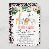 ピンクチーテプリントフォーエバーワイルド4歳の誕生日 招待状 (正面/裏面)
