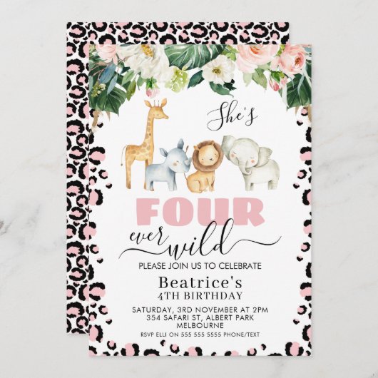 ピンクチーテプリントフォーエバーワイルド4歳の誕生日 招待状 (正面/裏面)