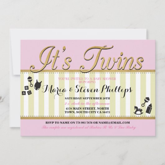 ピンクツインガールズ金ゴールドベビーシャワーストライプ招待状 招待状 (正面)