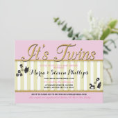ピンクツインガールズ金ゴールドベビーシャワーストライプ招待状 招待状 (スタンド正面)