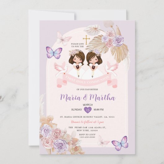 ピンクツインガールファースト聖餐式パープルフローラ 招待状 (正面)