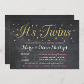 ピンクツインズガールチョーク金ゴールドベビーシャワー招待状 招待状 (正面/裏面)