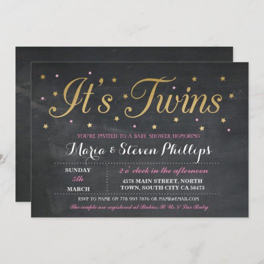 ピンクツインズガールチョーク金ゴールドベビーシャワー招待状 招待状 (正面/裏面)