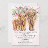 ピンクツインズママパパハイランドカウカーフベビーシャワー 招待状 (正面)