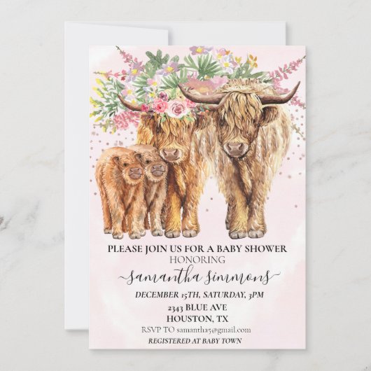 ピンクツインズママパパハイランドカウカーフベビーシャワー 招待状 (正面)