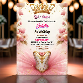 ピンクツチュシックな女の子バレリーナ1歳の誕生日 招待状