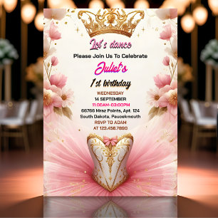 ピンクツチュシックな女の子バレリーナ1歳の誕生日 招待状