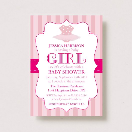 ピンクツチュバレリーナガールズベビーシャワー招待状 招待状