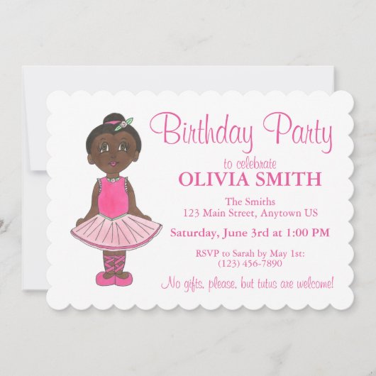ピンクツチュバレリーナバレエダンサー誕生日パーティー 招待状 (正面)