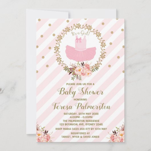 ピンクツチュベビーシャワー招待状バレリナバレエ 招待状 (正面)