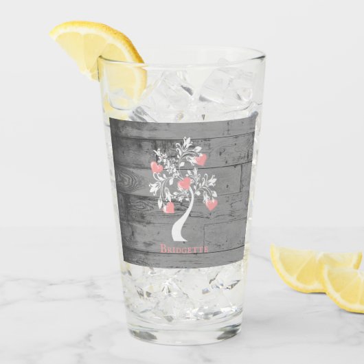 ピンクツリーのハートパーソナライズされたグラス タンブラーグラス (アイス正面)