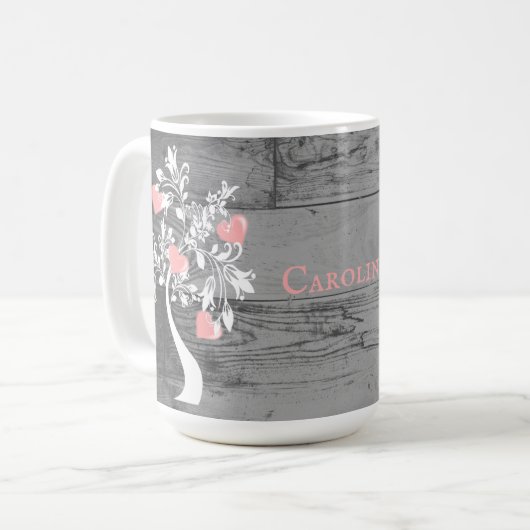 ピンクツリーのハートパーソナライズされたコーヒーマグ コーヒーマグカップ (正面左)