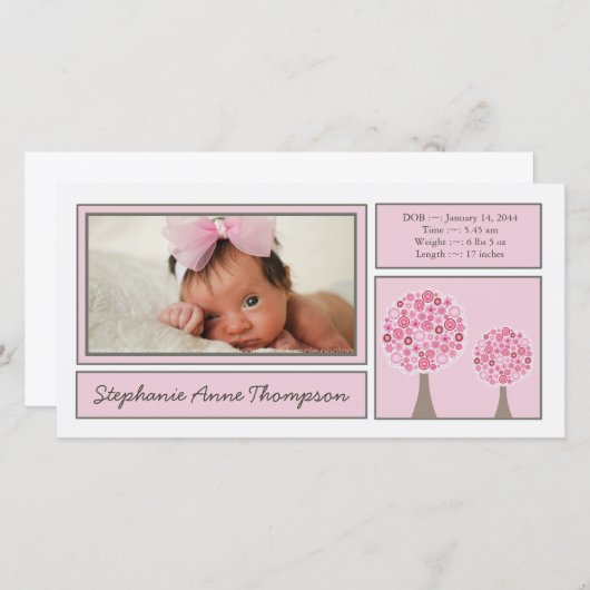 ピンクツリーズベビーガール誕生発表フォトカード 案内状 (正面/裏面)