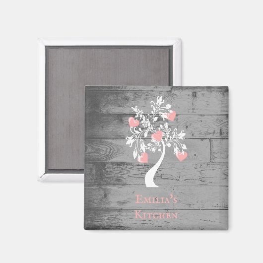 ピンクツリーハートパーソナライズされた磁石 マグネット (正面/裏面)