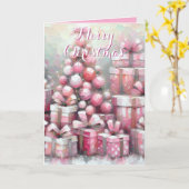 ピンクツリー&プレゼントパーソナライズされたクリスマス カード (黄色い花)